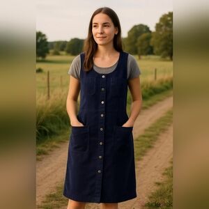 Dark Blue Corduroy Button Front Jumper Dress Pinafore Style